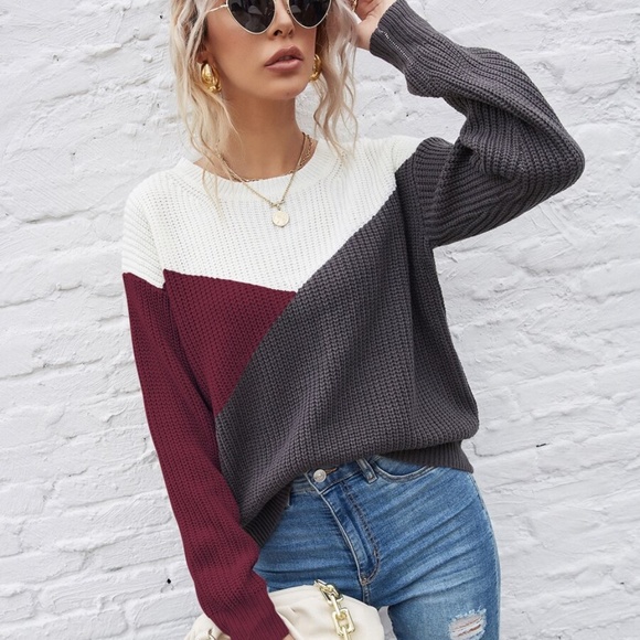 Sweaters - wine crew neck fall knit multicolor charcoal sweat